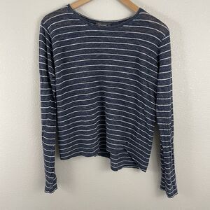 Vince Womens M Blue Stripe Asymmetrical Hem Long Sleeve Beachy Prep Shirt